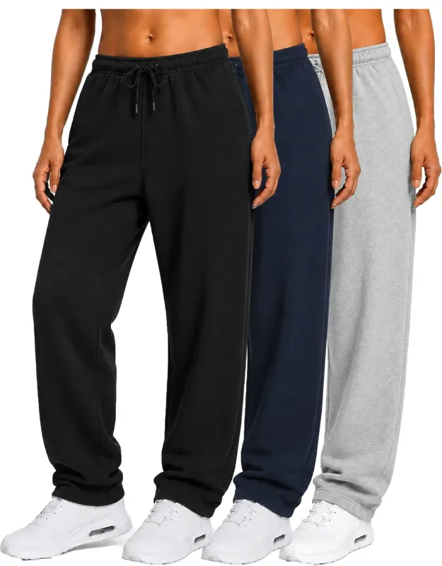 Loose Fit Classic Fleece Sweatpants With Open Bottom - 3 Pack