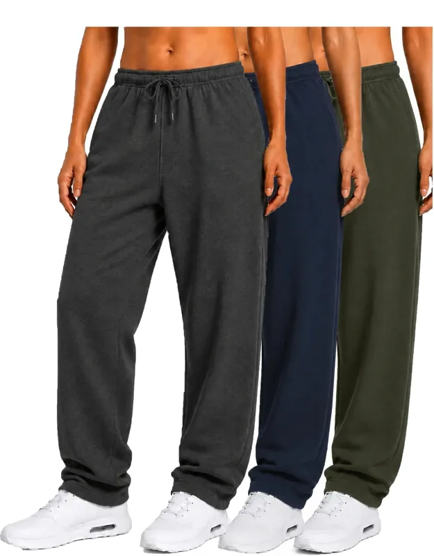Loose Fit Classic Fleece Sweatpants With Open Bottom - 3 Pack
