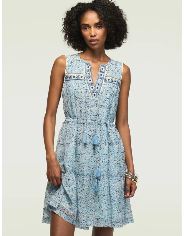 Printed Embroidered Yoke Mini Dress