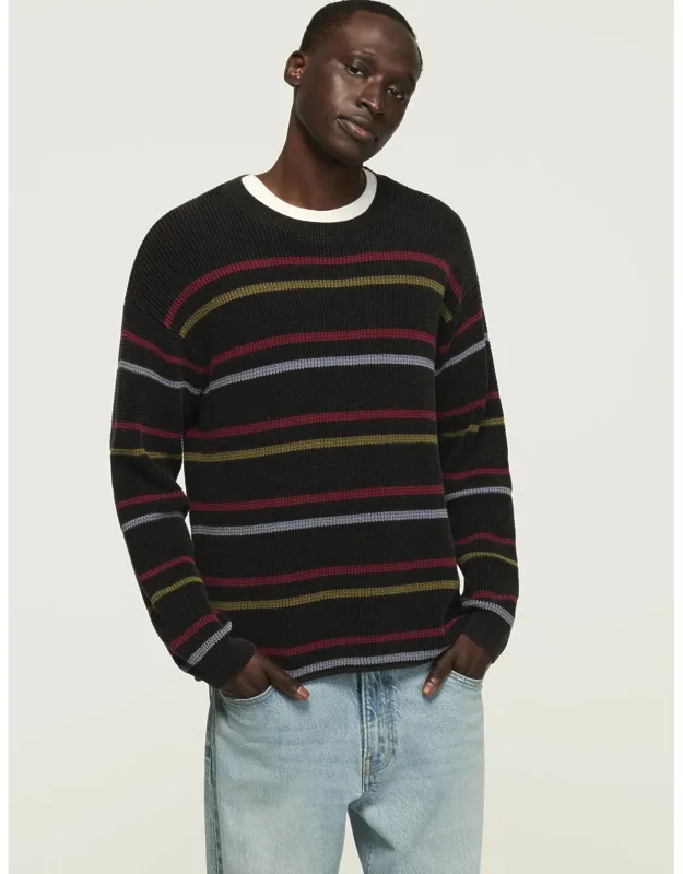 Striped Washed Textured Crew Neck Sweater