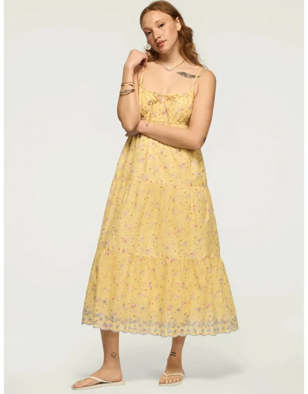 Printed Eyelet Tiered Midi Dress With Tie Front And Adjustable Straps