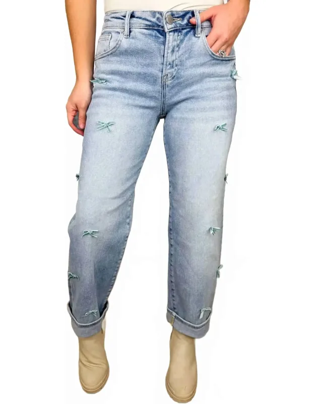 High-rise Barrel Leg Bow Detail Cropped Jeans