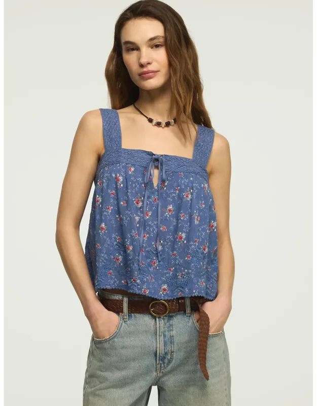 Print Embroidered Swing Tank