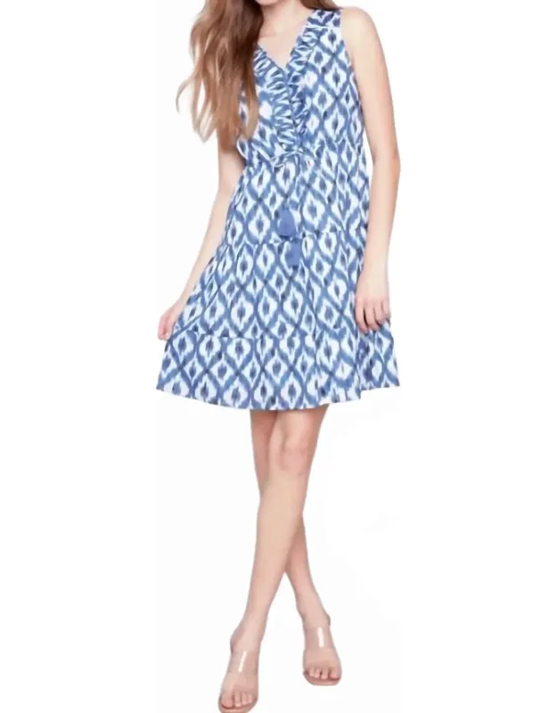 Ikat Print Sleeveless Ruffle Dress