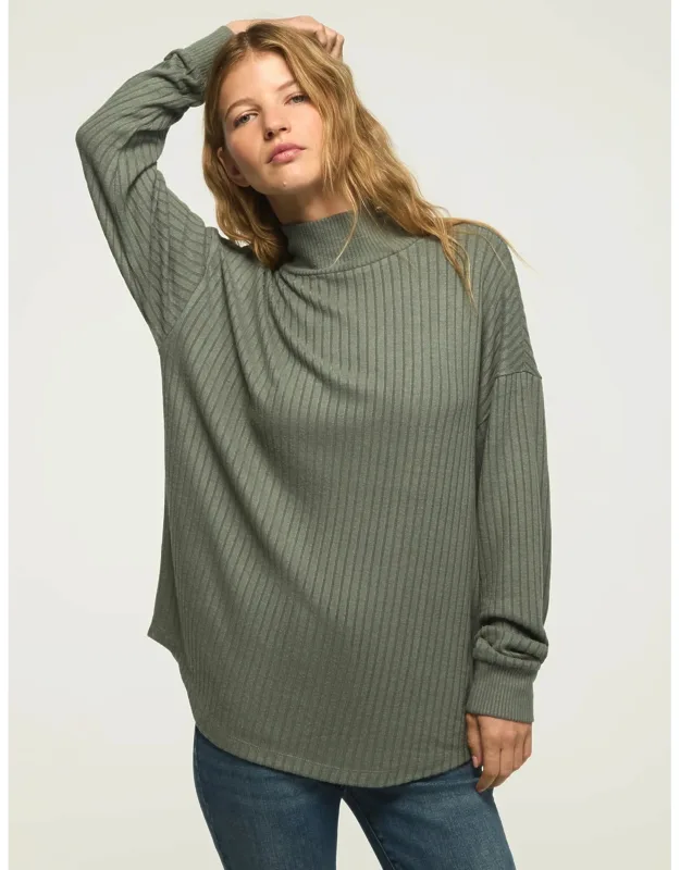 Cloud Long Sleeve Mock Neck Top With Curved Hem And Raglan Sleeves
