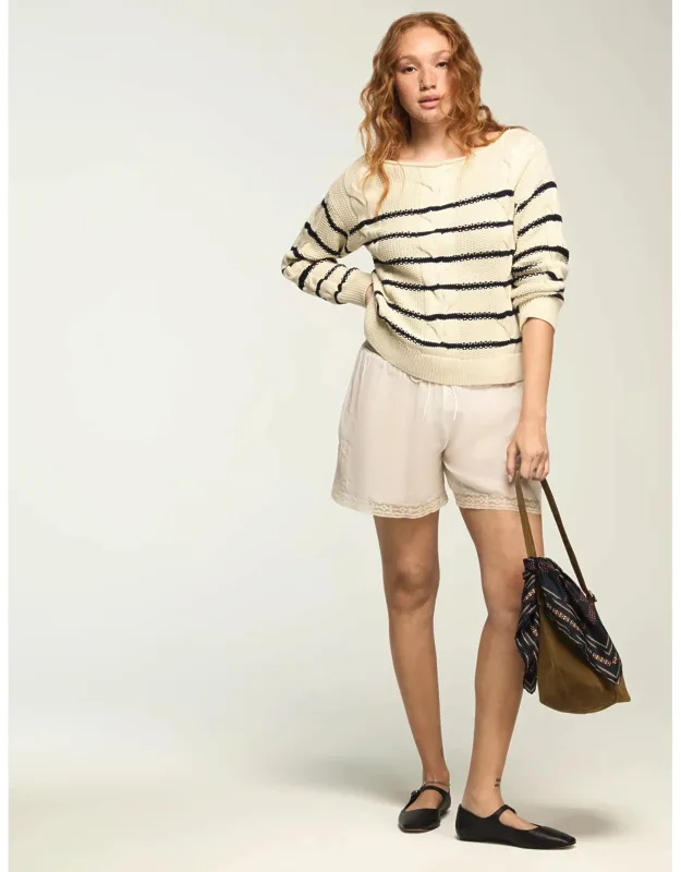 Striped Cable Crew Neck Sweater