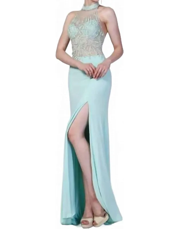 Halter Fitted Illusion Top Gown