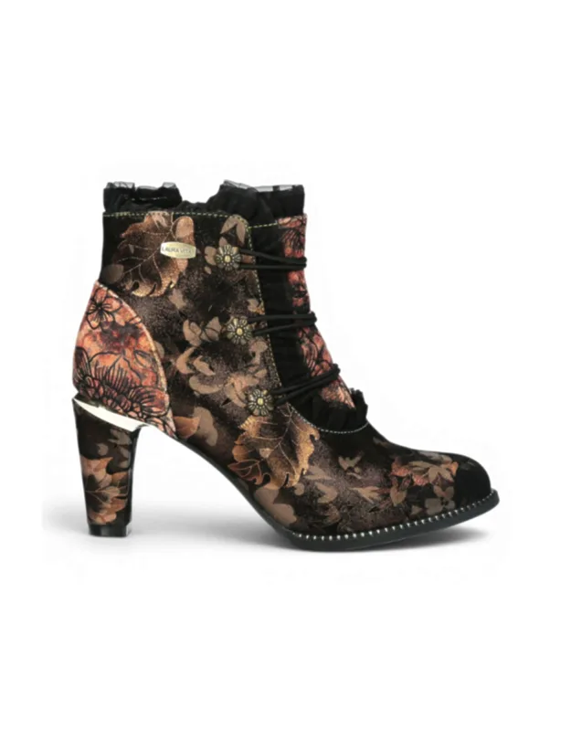 Floral Victorian Bronze Leather Heel Ankle Boots
