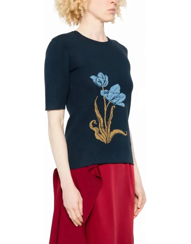 Floral-motif Short Sleeve Knitted Top