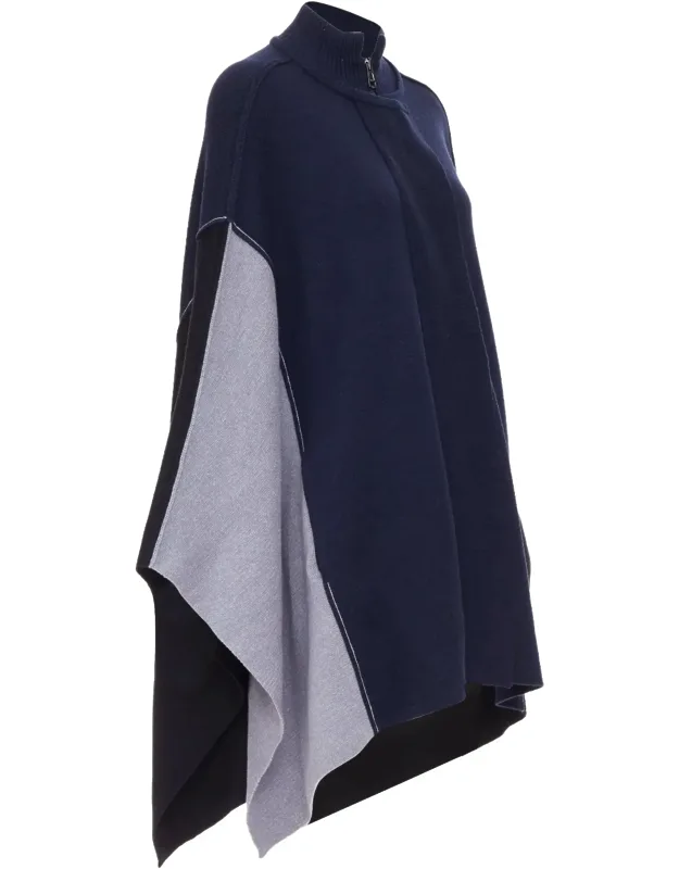 Colorblock Visible Stitch Zip-up Knit Poncho