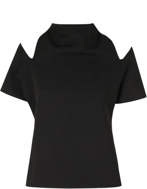Structured High-neck Cady Cut-off Sleeve Blouse