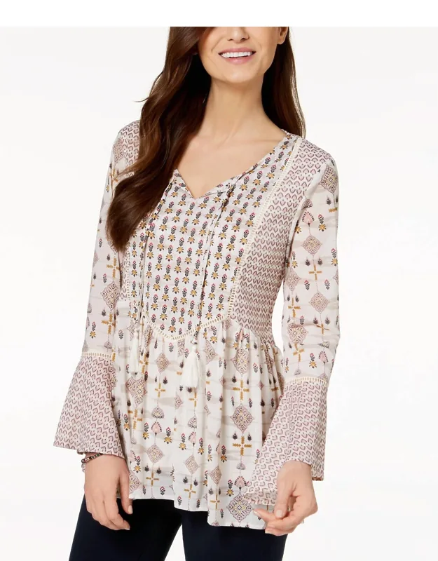 Mixed Print Peasant Top