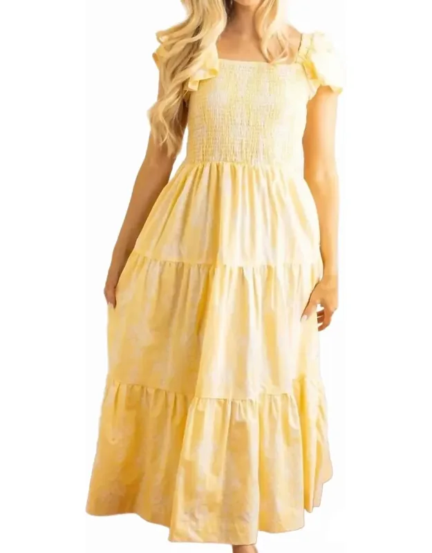 Damask Smocked Flutter Sleeve Dress