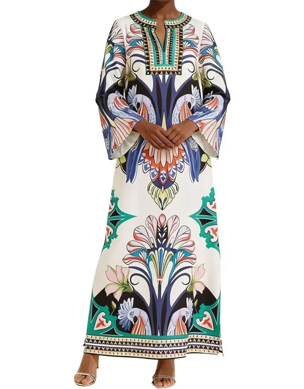 Maxi Dress - Long Sleeve Slip-on Styling, Multicolor Print
