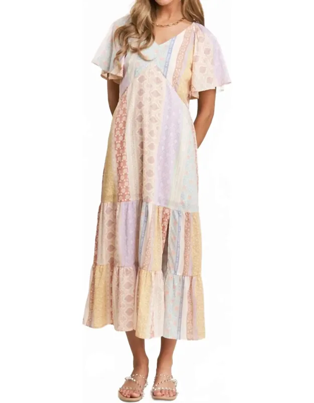 Patch-work V-neck Midi Dress