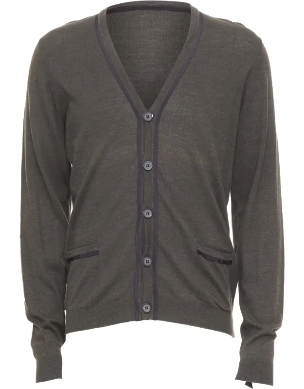 2015 Grosgrain Trim V-neck Cotton Merino Wool Button Knit Cardigan