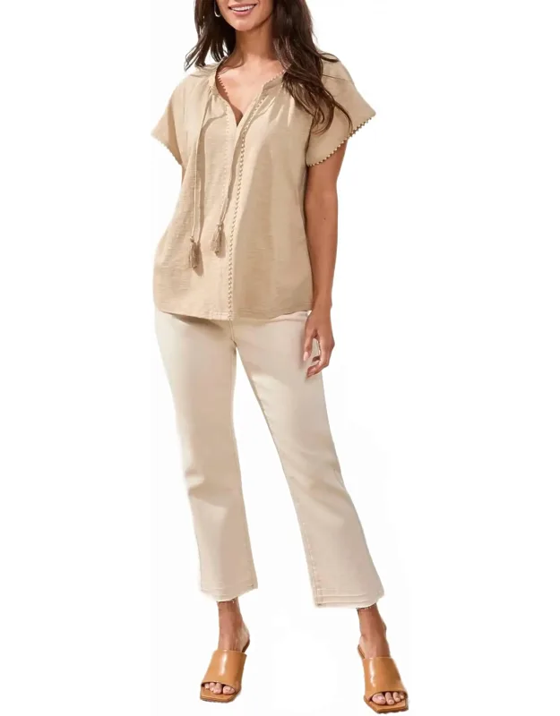 Cotton Slub Split Neck Tassel Top
