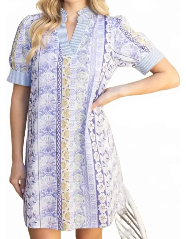 Embroidered Mixed Print Mini Dress