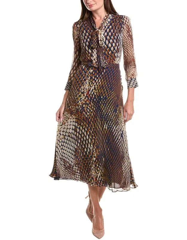 Chiffon Tie Neck Print Silk Midi Dress