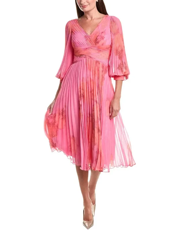 Printed Chiffon Pleated Full Sleeve V-neck Dress