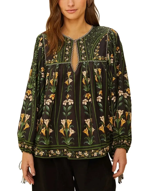 Flowers Arch Long Sleeve Linen-blend Blouse