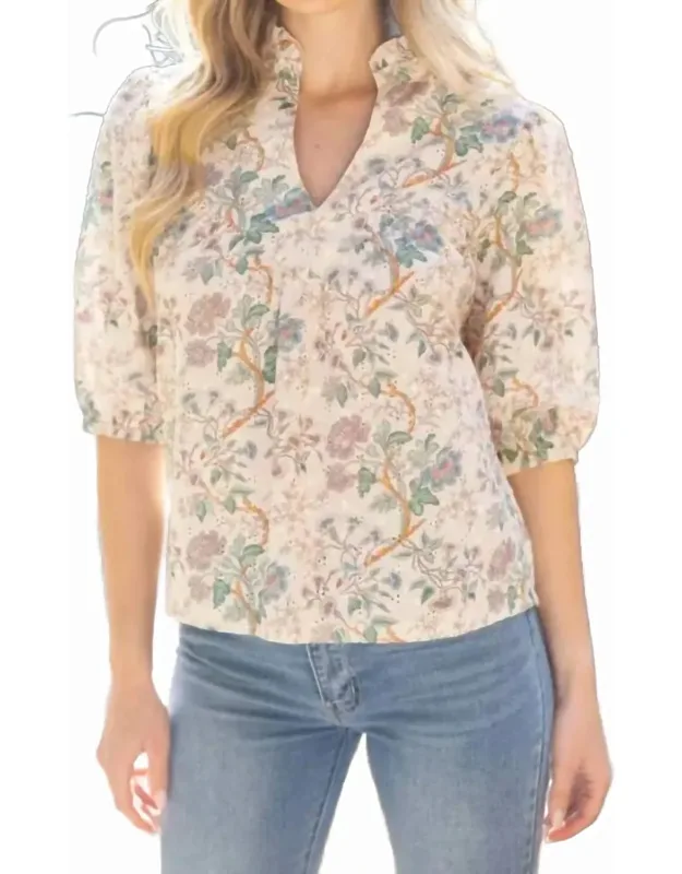 Floral Eyelet Half Puff Sleeve Top
