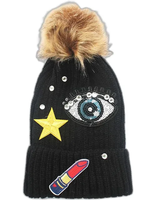 Sequin Big Eye And Embroidered Lipstick Patch Beanie Hat With Pom Pom