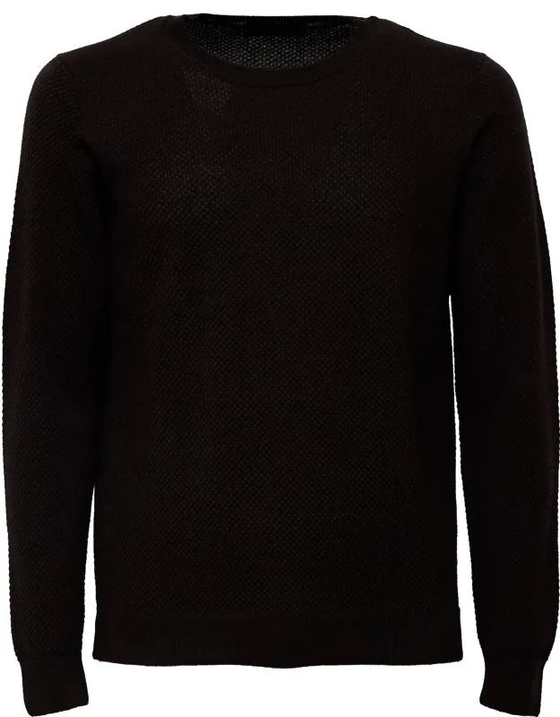 Honey-comb Textured Elastic Ribbed Crewneck Sweater