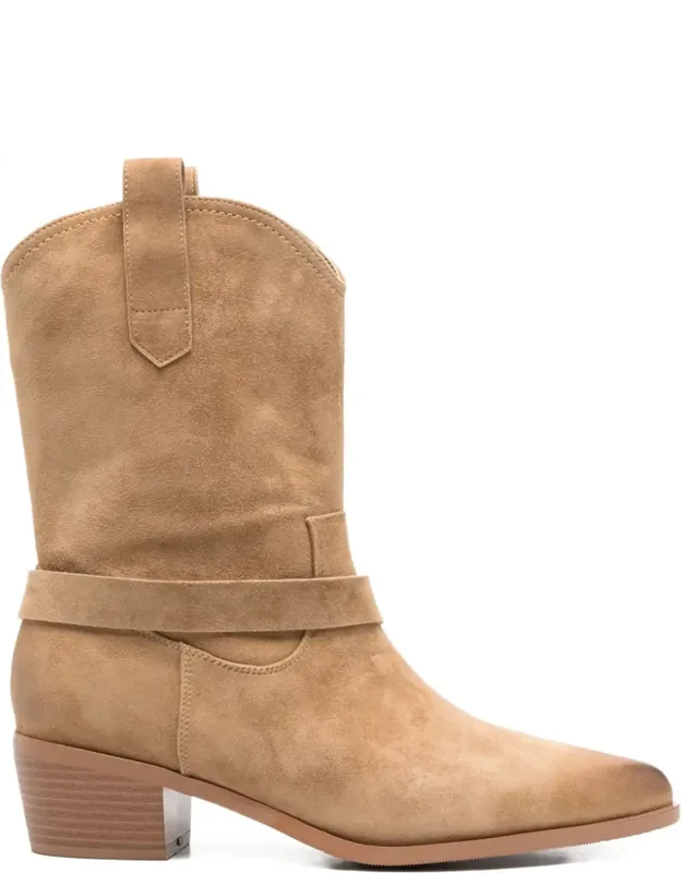 Western-inspired Stacked Heel Suede Boots
