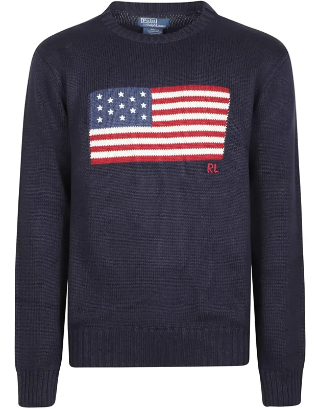 Round Neck American Flag Cotton Sweater