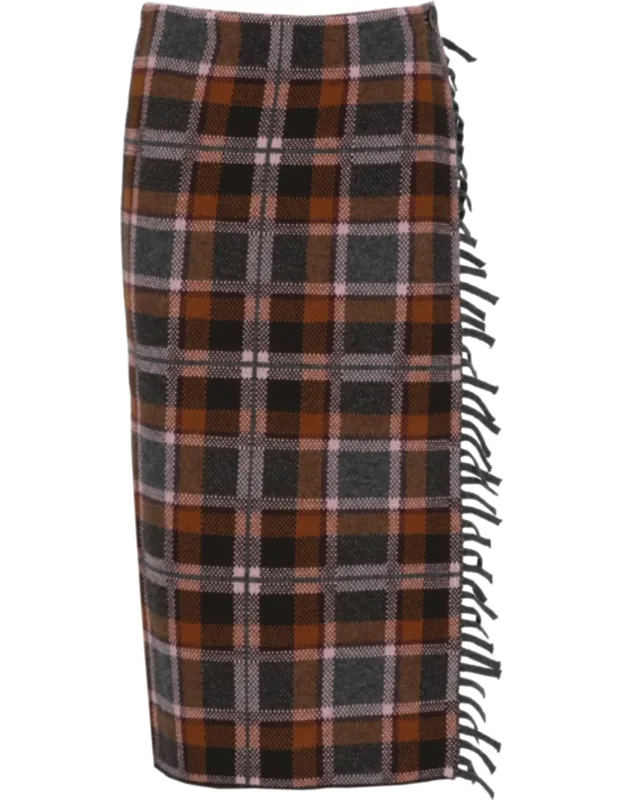 Plaid Wrap Fringed Panel Skirt