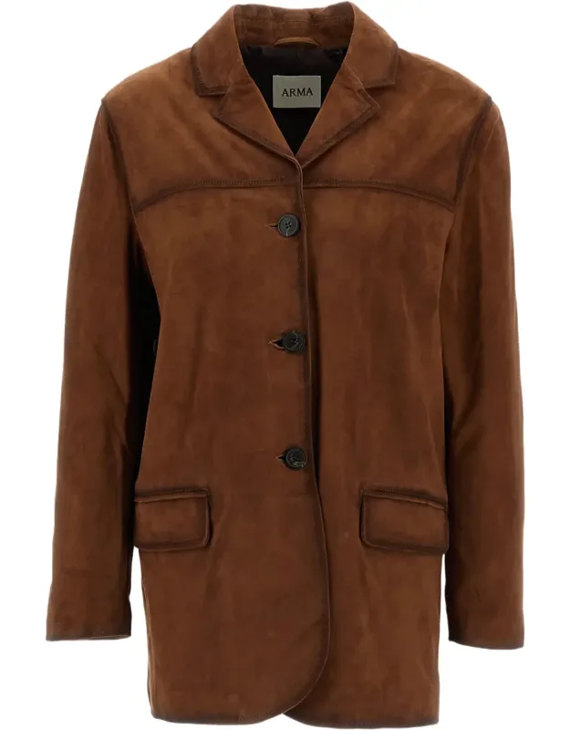 Brushed Suede Leather Jacket With Camp Collar And Flap Pockets