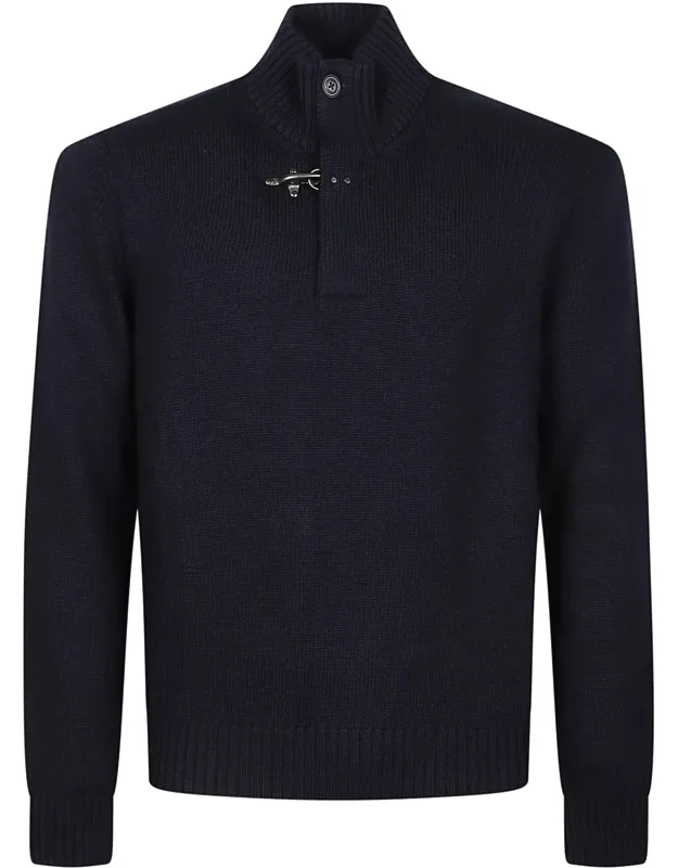 Ribbed High Collar Buttoned Virgin Wool Turtleneck Sweater