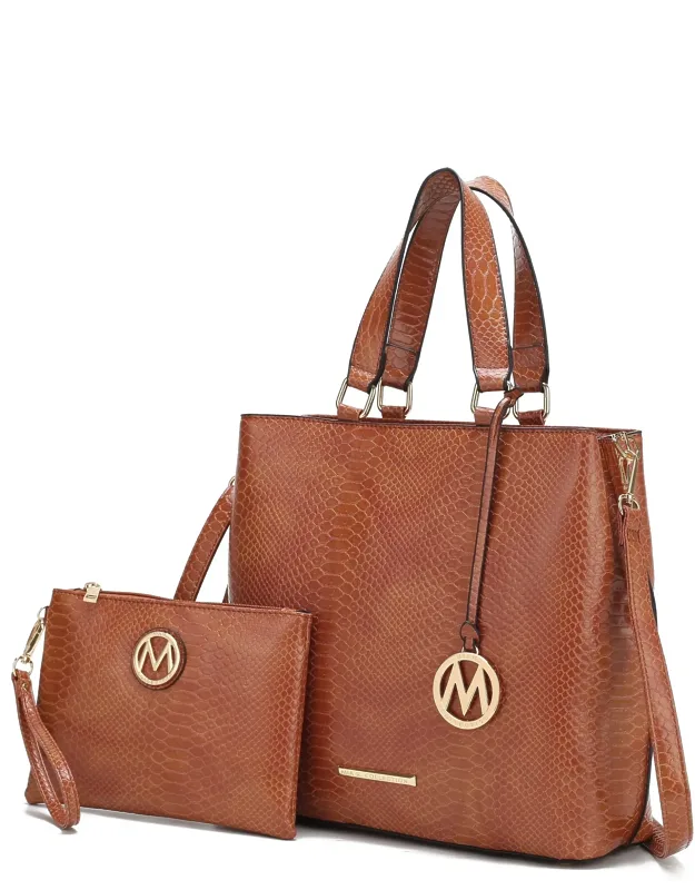 Beryl Snake Embossed Vegan Leather Tote Bag With Wristlet
