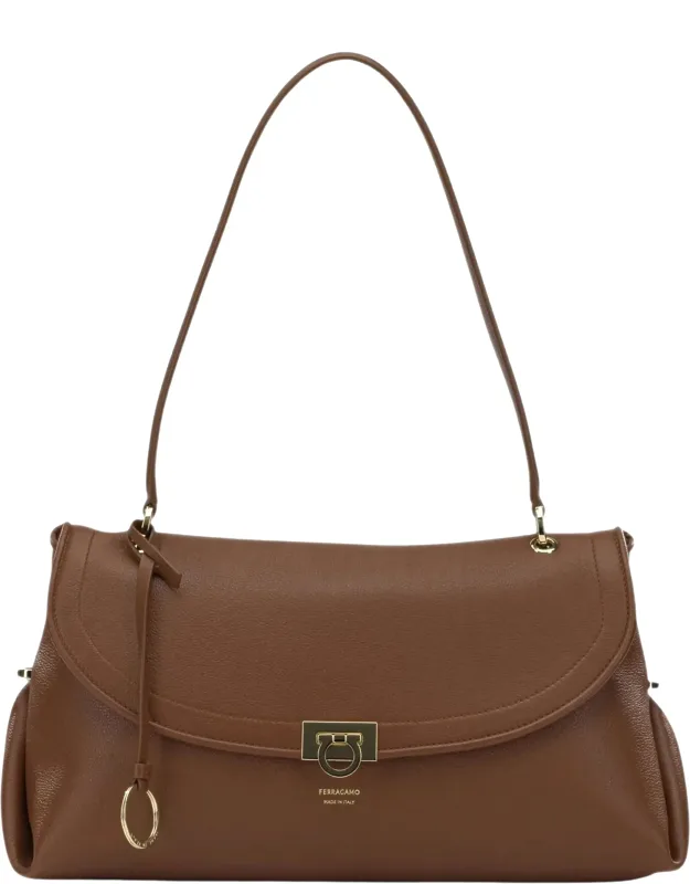Pebbled Leather Shoulder Bag With Gancini Lock