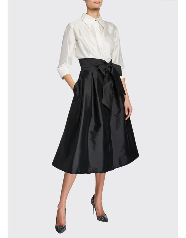 Two-tone 3/4-sleeve Taffeta Dress
