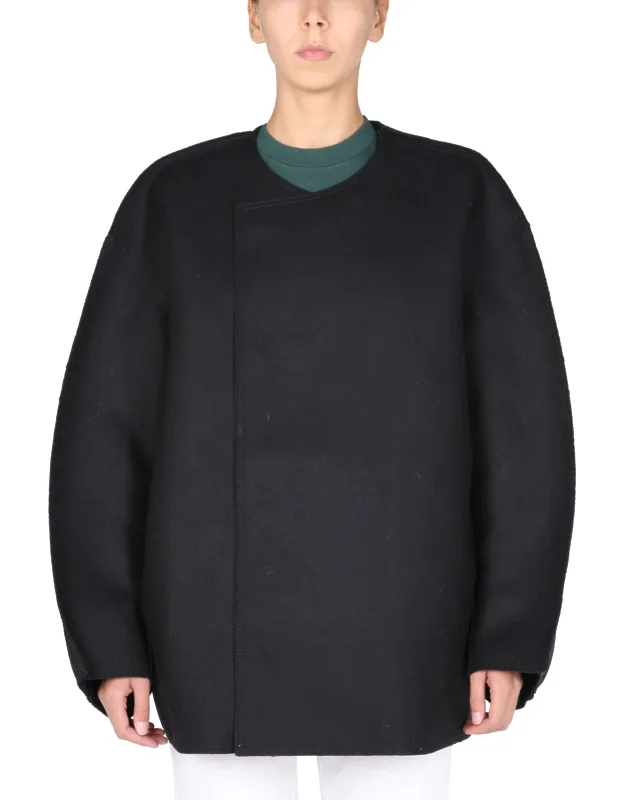 Loose Fit Coat With Round Neck And Asymmetric Snap Buttons Closure