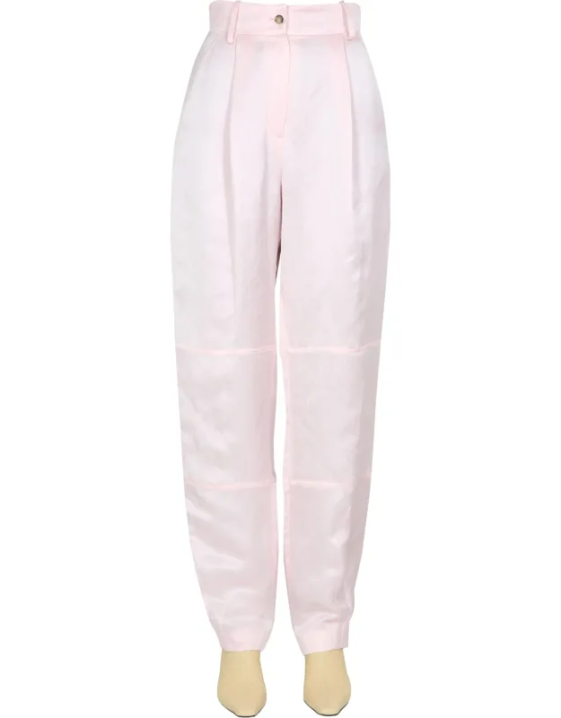 Trousers High Waist Front Button And Zip Closure Belt Loop At The Waist Two Side Pockets Carrot Fit 100% Linen