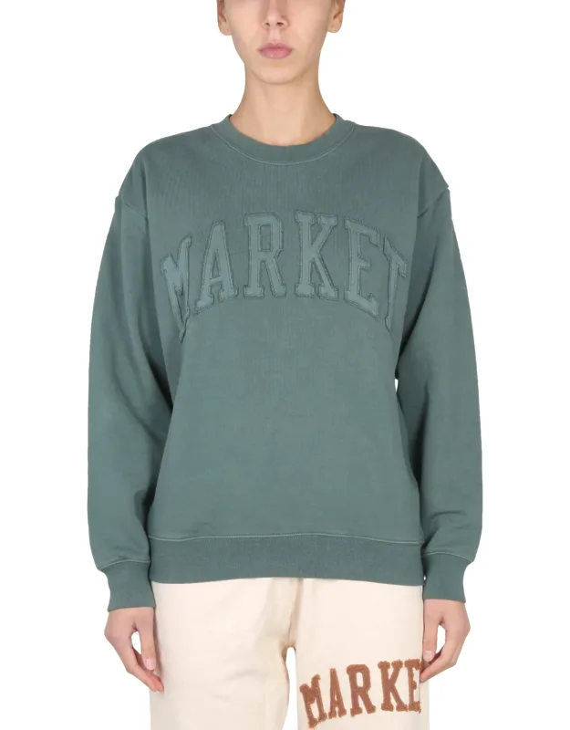 Vintage Wash Sweatshirt With Cross Neck Ribbed Collar And Applied Logo