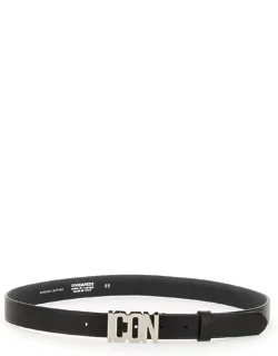 Dsquared Leather Belt With Silver Finish And Metal Icon Plaque