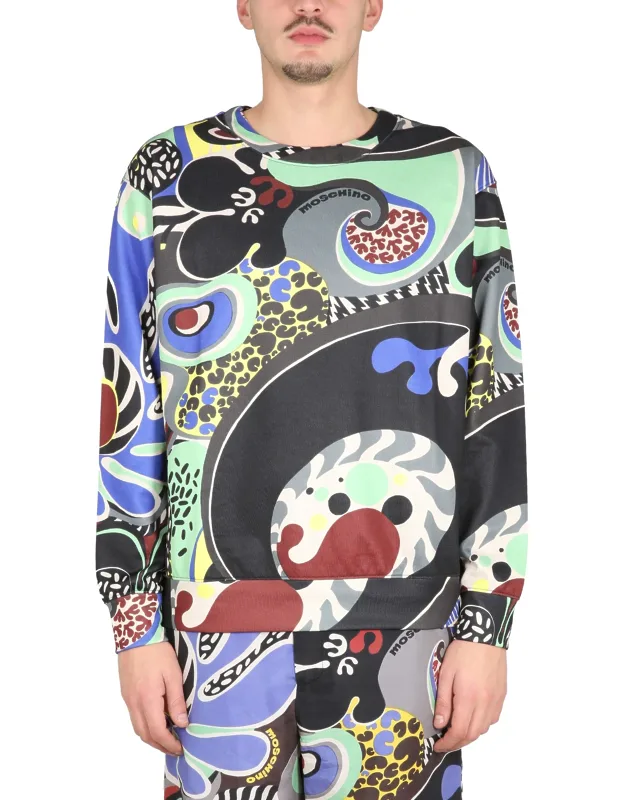 Psychedelic Print Sweatshirt With Cross Neck Ribbed Collar And Cuffs