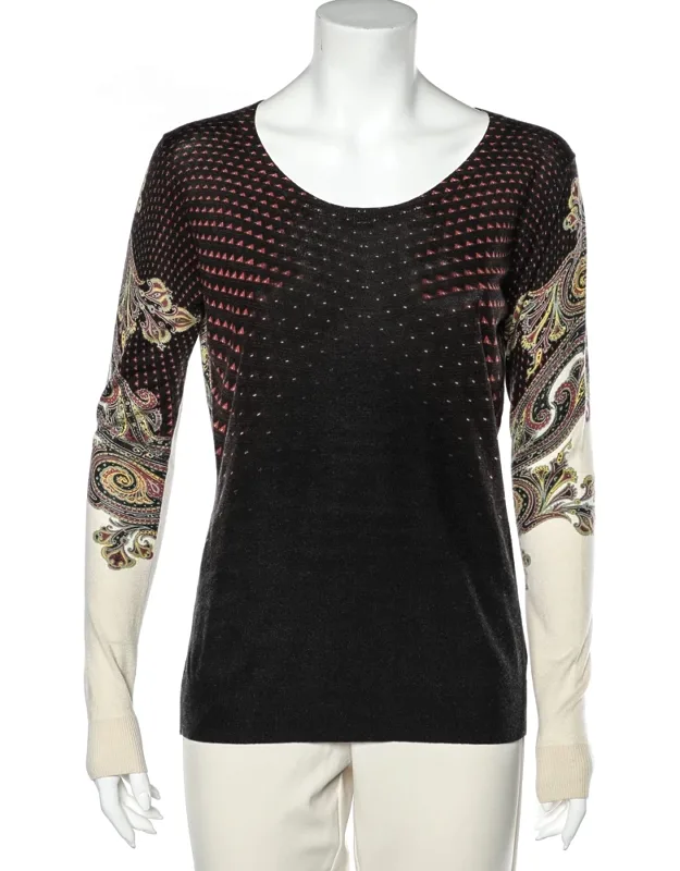 Multicolor Printed Silk & Cashmere Knit Roundneck Sweater