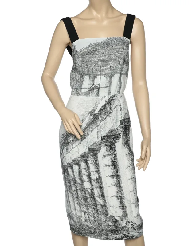 Monochrome Temple Printed Crepe Sleeveless Midi Dress