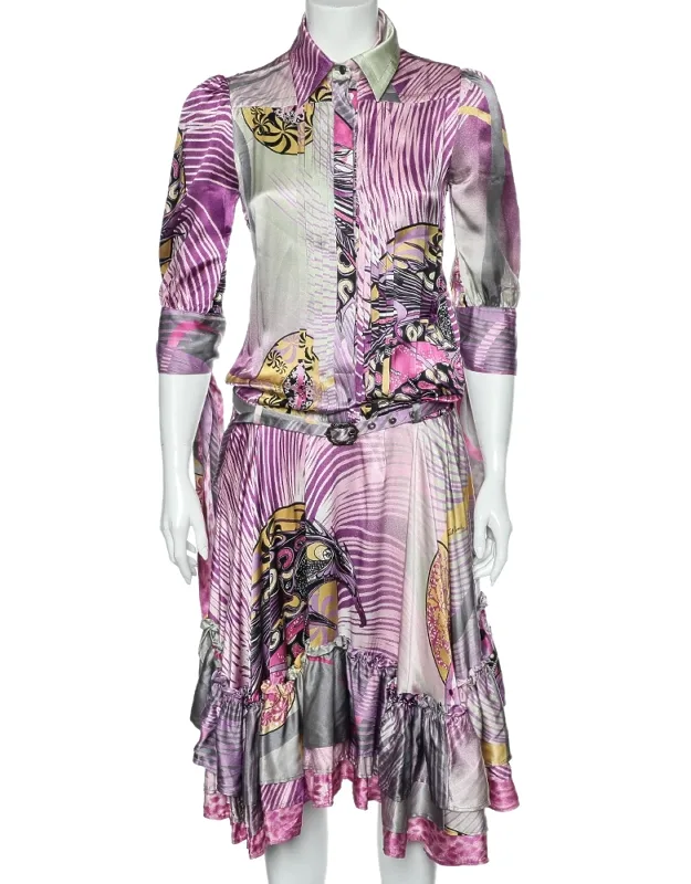 Multicolor Printed Silk Belted Ruffled Hem Dress