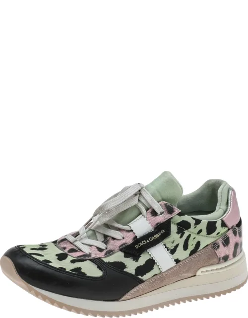 Multicolor Leopard Print Canvas And Leather Low Top Sneakers