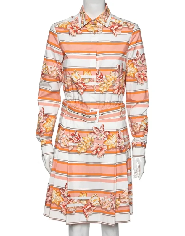 Multicolor Printed Cotton Belted Long Sleeve Shirt Dress
