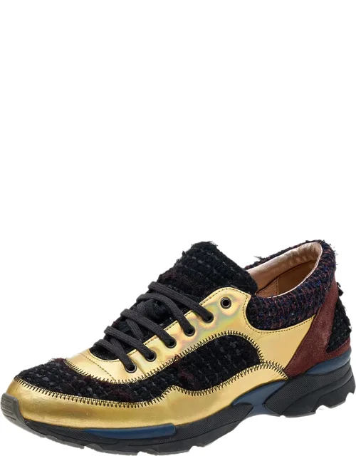 Tweed Fabric And Leather Lace-up Sneakers
