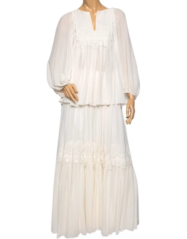 Crinkle Silk Lace Trim Detailed Blouse And Skirt