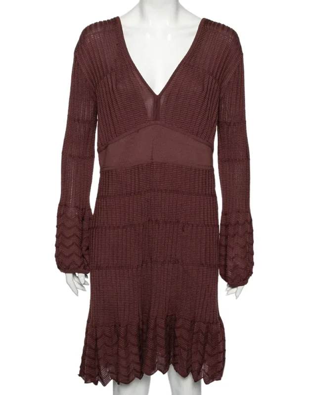 Patterned Knit Long Sleeve V-neck Dress