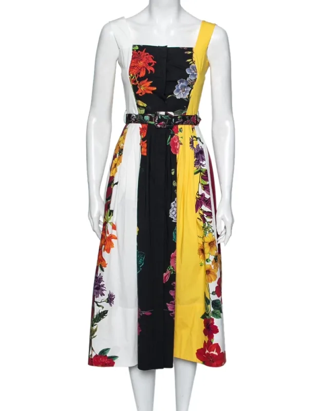 Multicolor Floral Printed Cotton Pleated And Button Front Belted Midi Dress